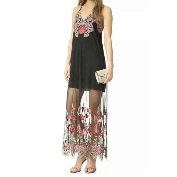 NWOT ALICE+OLIVIA Sz6  SALLY MESH EMBROIDERED MAXI TANK DRESS BLACK /POPPY - Picture 1 of 14